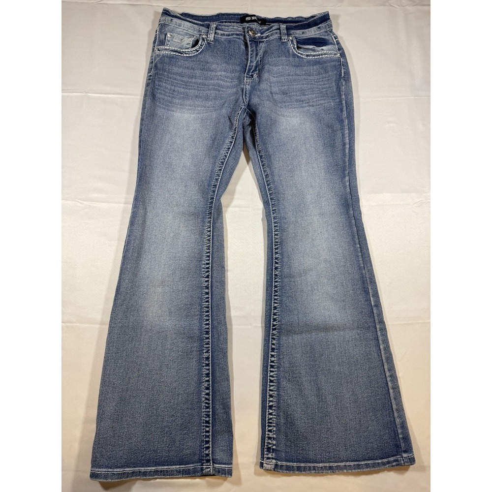 SKY Collection Women's Jeans Size 13/14 Flare Leg Blue Denim Skull